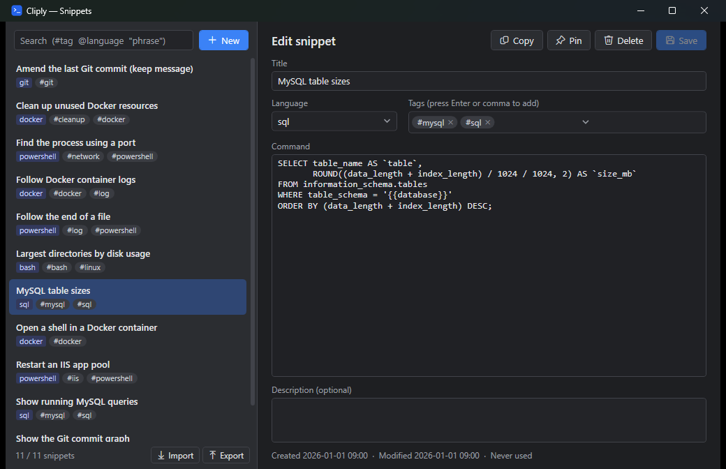 Snippet window — list on the left, editor on the right (title, language, tags, command)