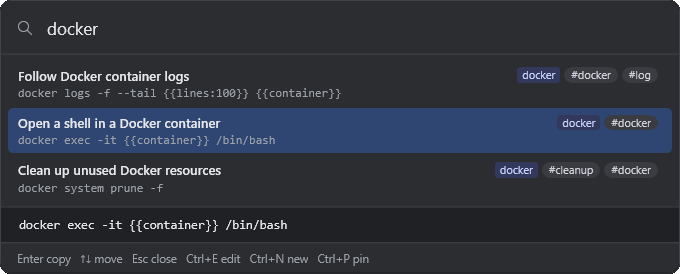 Cliply quick search popup — snippets matching “docker” with a shortcut hint bar