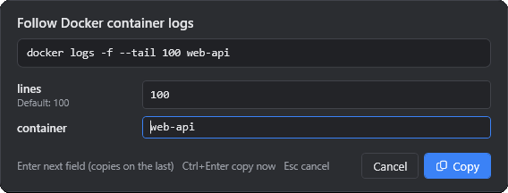 Variable input dialog — filling in lines and container for a docker logs command with a live preview